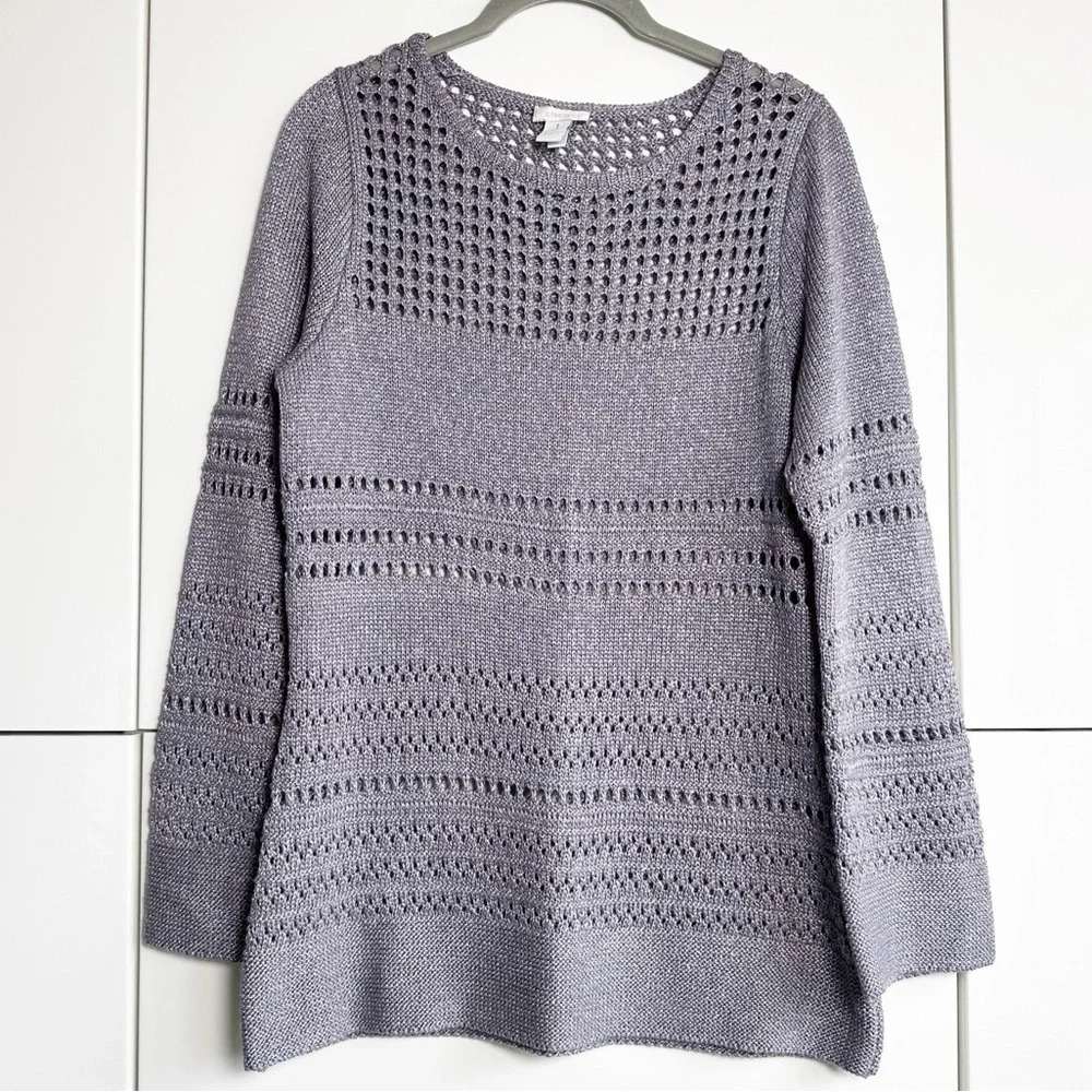 Chico’s Tunic Size 1 (Medium) Purple Metallic Open Knit Sheen Resort Evening